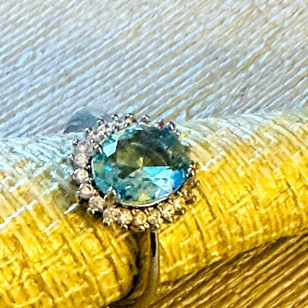 NATURAL AQUAMARINE 925 HALO RING LIGHT BLUE ROUND ART DECO STATEMENT RING